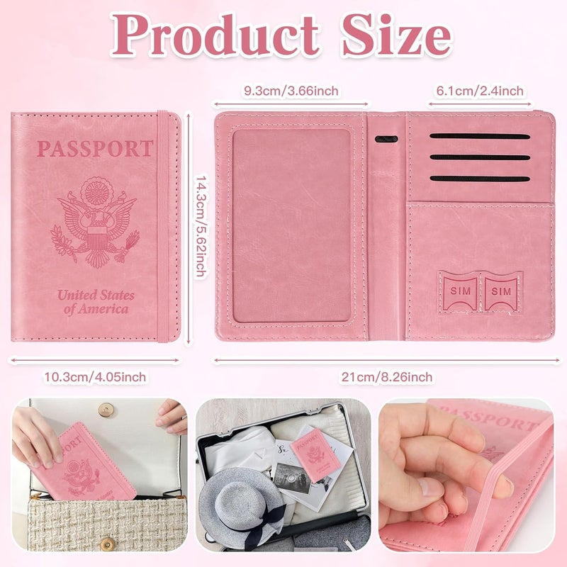 RHOttbiy Passport Holder for Travel, RFID Blocking Passport Cover with Pen Holder Leather Passport Wallet Case Travel Must Haves Accessories Passport Book Card Holder for Family Travel Essentials Gifts, Pink - Image 3